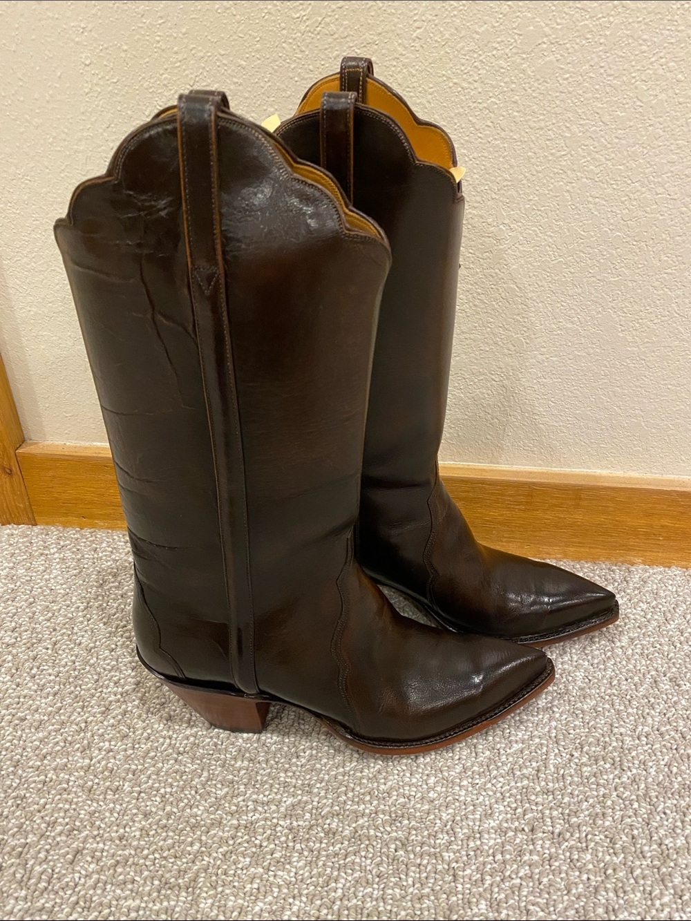 Lucchese Black Leather Western Heeled Boots with Brown Soles - Picture 4 of 7